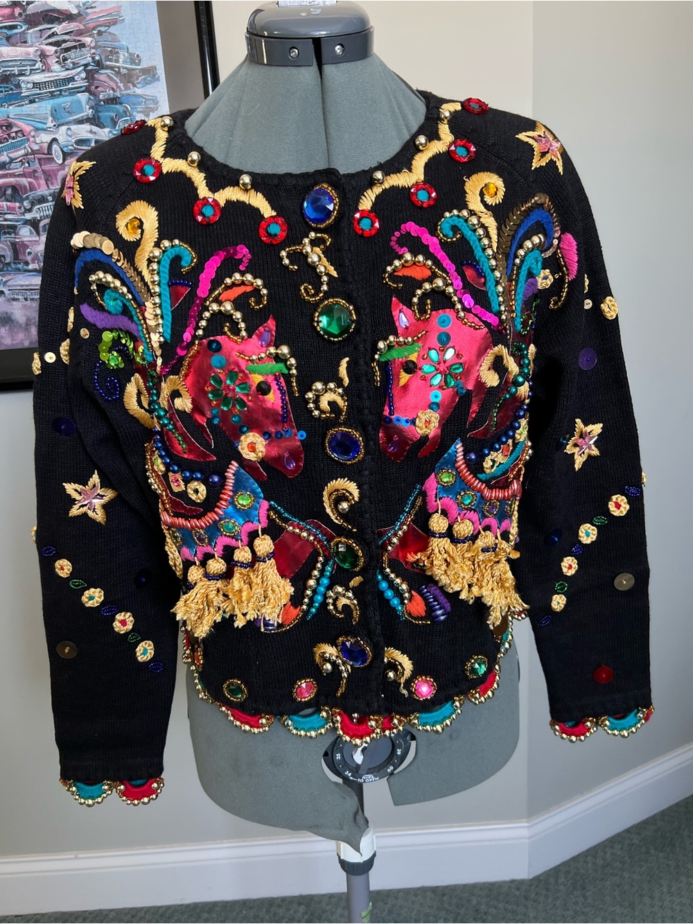 Price firm- RARE Michael Simon M Sweater Cardigan Vegas Circus Carousel Horse